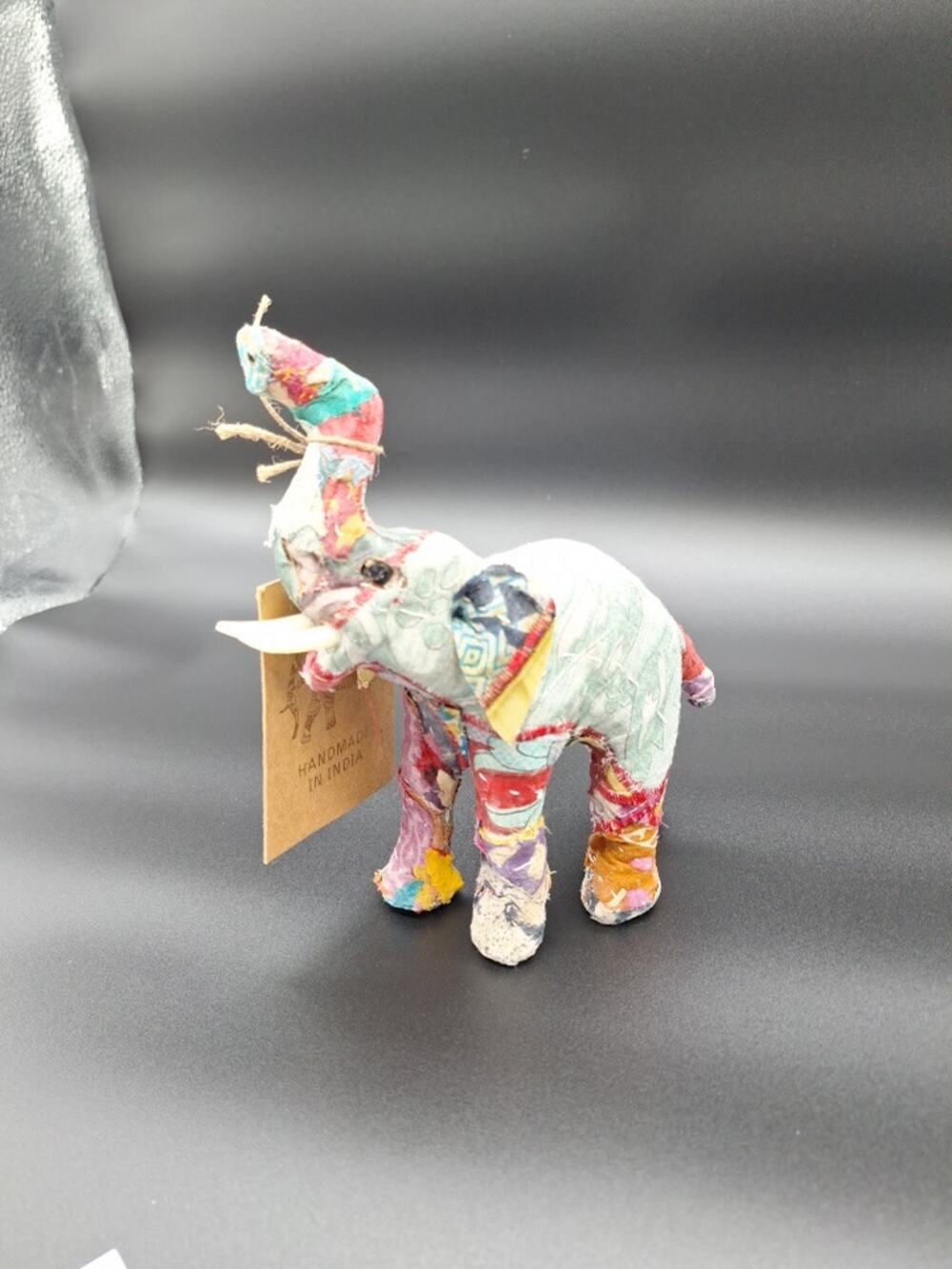Sari Fabric Covered Paper Mache Elephant Sculpture.
